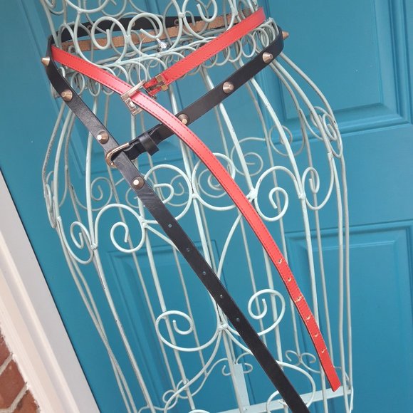 2 Belts Genuine Leather Thin Studded with Spikes Metal Studs Grommets Rivet BOGO - Picture 15 of 16